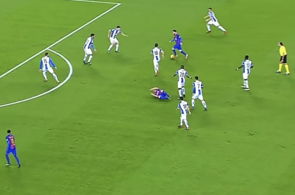 Lionel Messi dribbling through multiple defenders in tight space demonstrating advanced ball control skills
