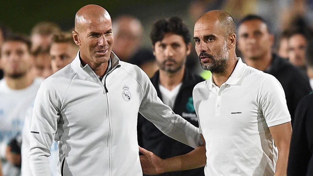 Pep Guardiola and Zinedine Zidane, two legendary football coaches known for their masterful half-time talks and championship-winning communication strategies
