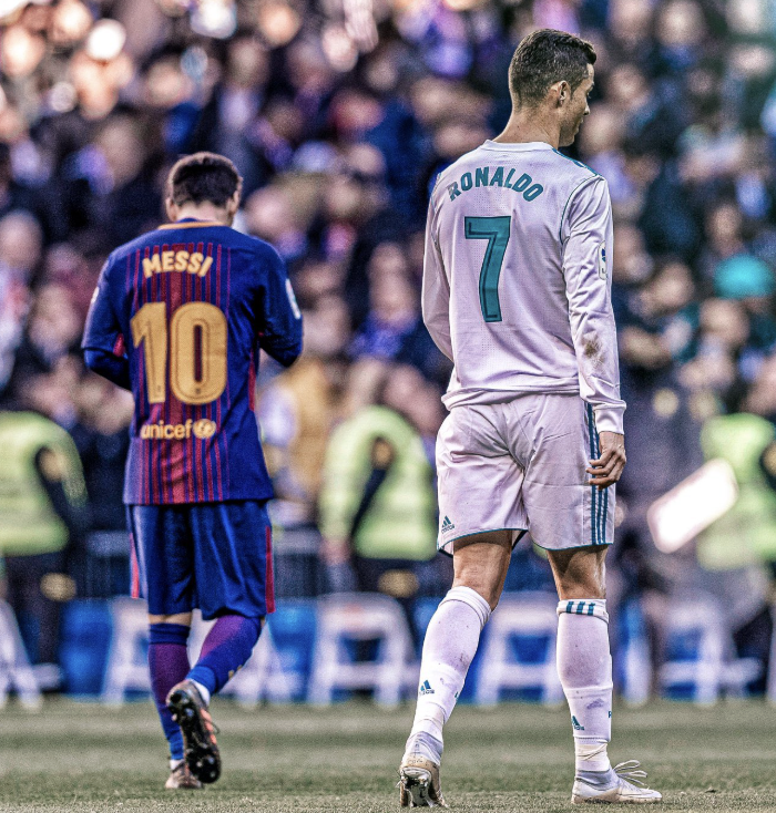 Lionel Messi and Cristiano Ronaldo during El Clasico match between Barcelona and Real Madrid